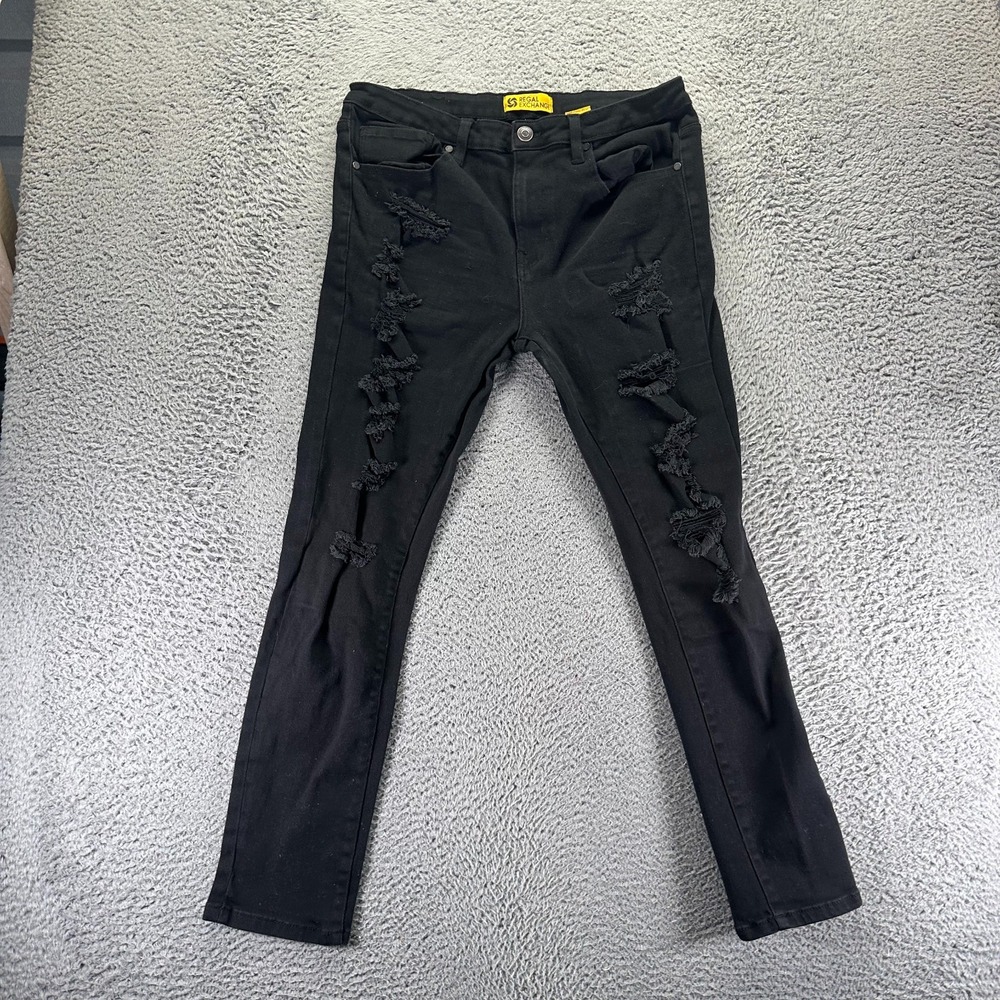 Regal Exchange Jeans Mens 36x30 Black Cotton Denim Skinny Leg Distressed Stretch